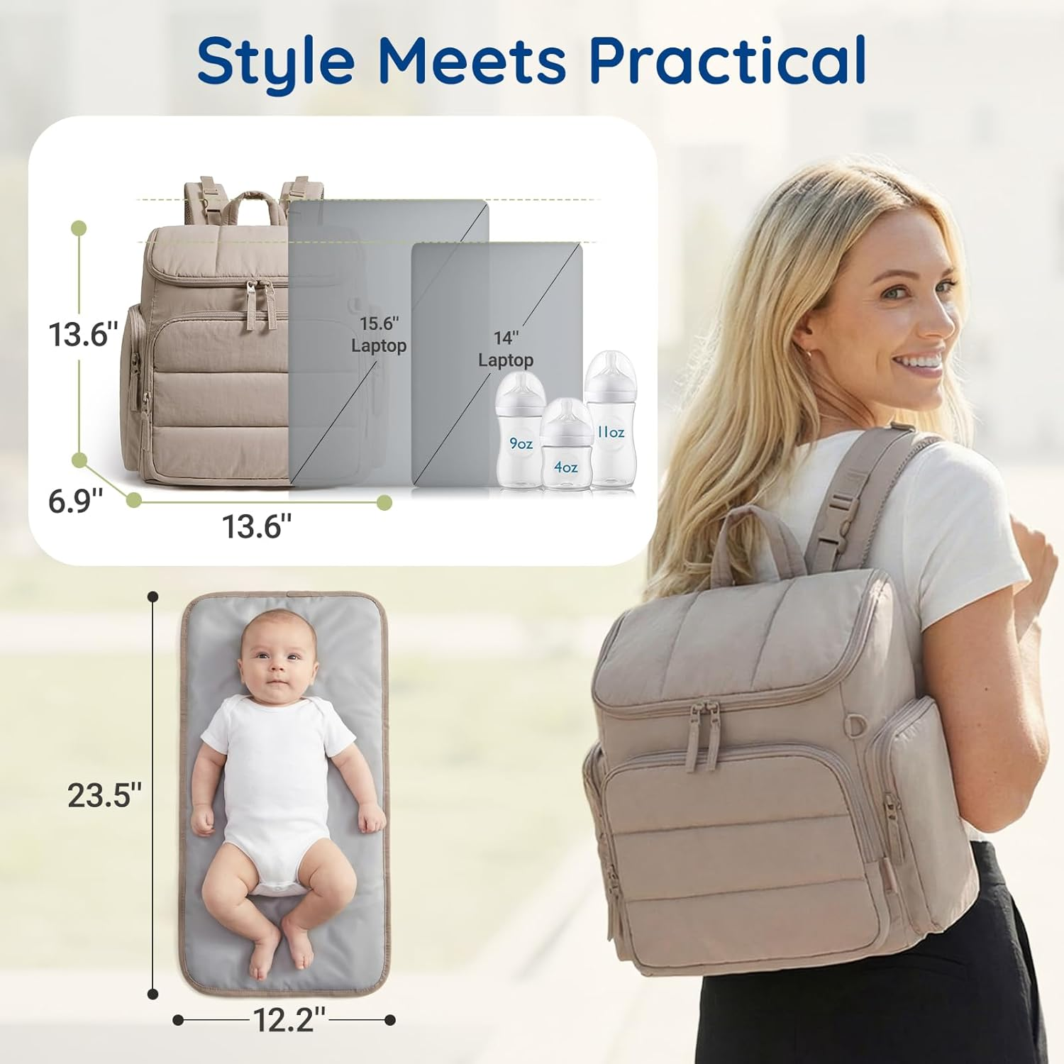 Backpack Diaper Bag with Thermal Insulated Bottle Pockets and Stroller Attachment Loops