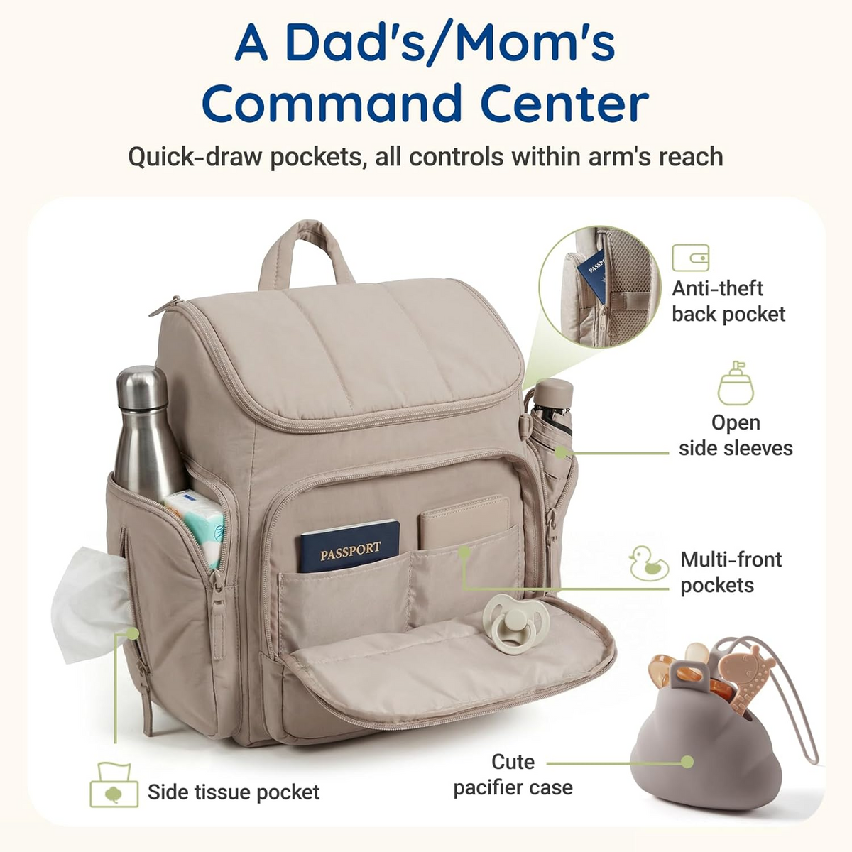 Backpack Diaper Bag with Thermal Insulated Bottle Pockets and Stroller Attachment Loops