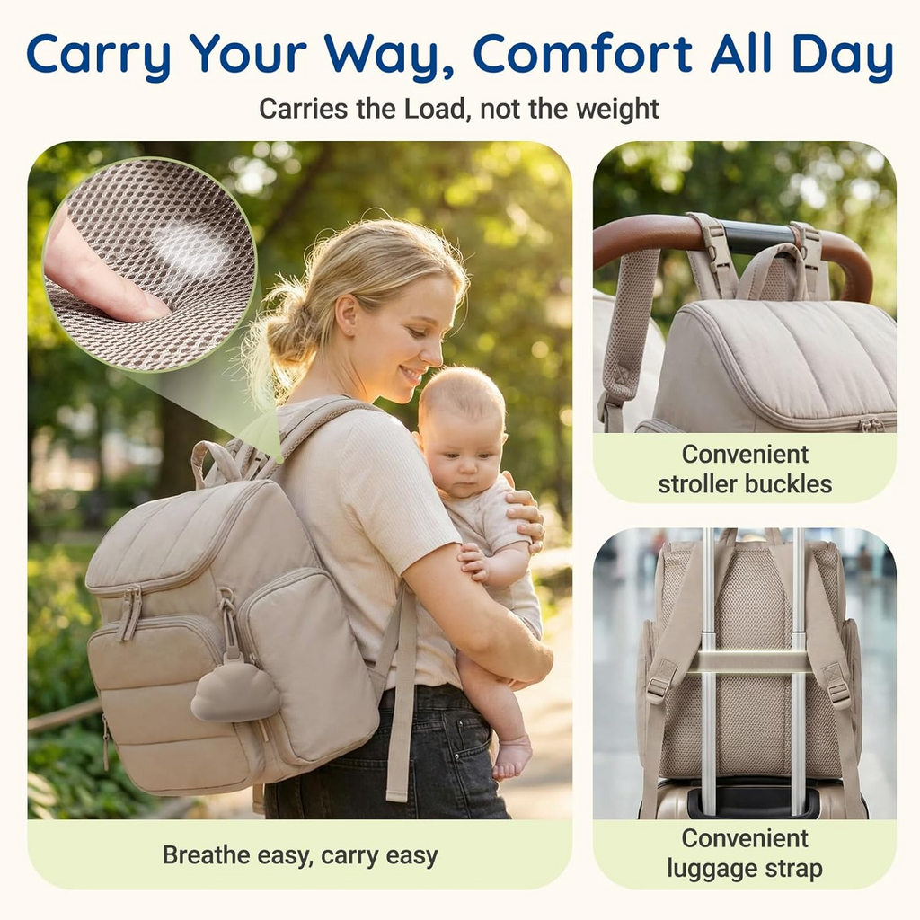 Backpack Diaper Bag with Thermal Insulated Bottle Pockets and Stroller Attachment Loops