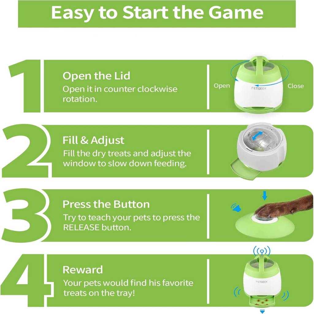 Dog Treat Puzzle Toy with Remote Button and Dual Power Modes for Indoor Outdoor Training