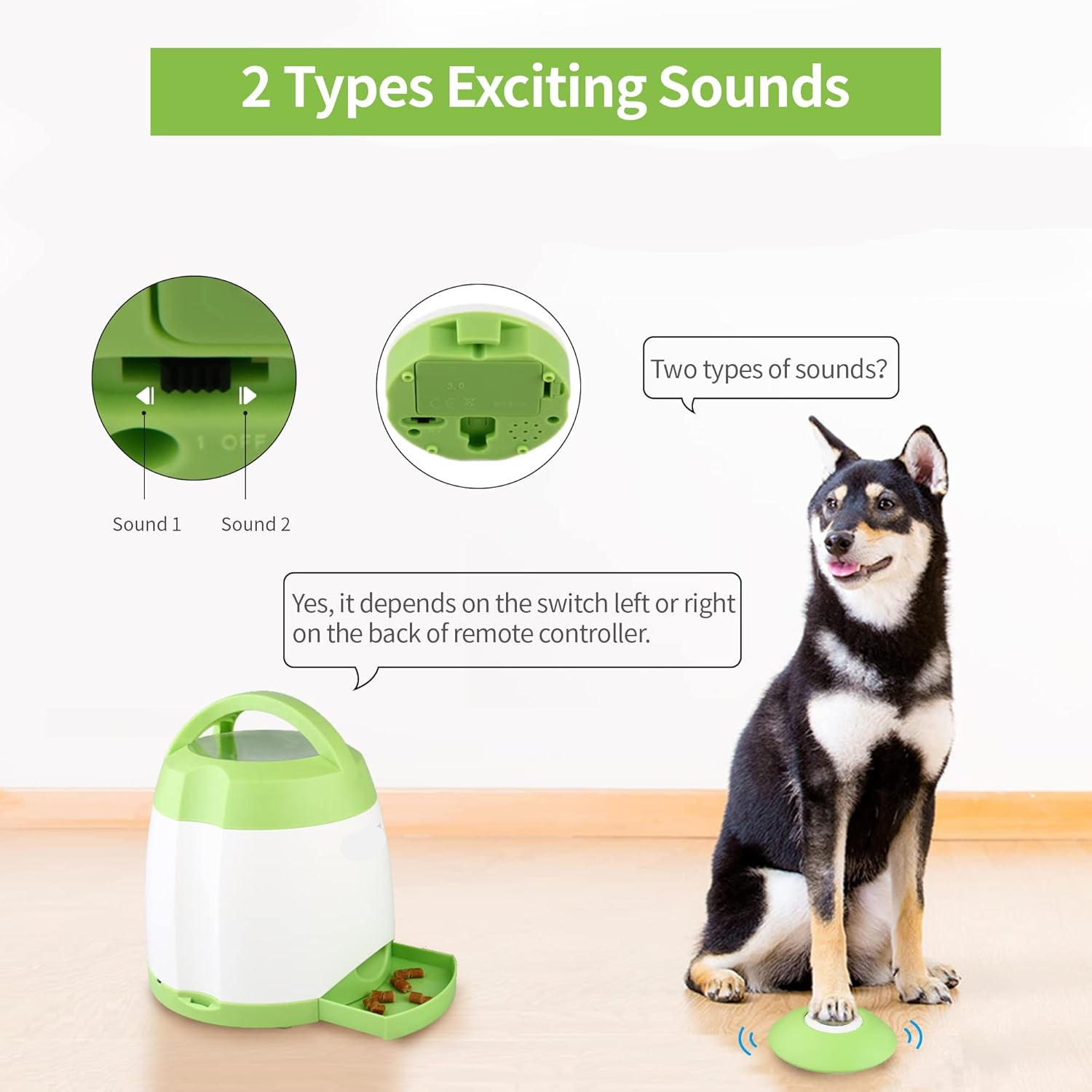 Dog Treat Puzzle Toy with Remote Button and Dual Power Modes for Indoor Outdoor Training