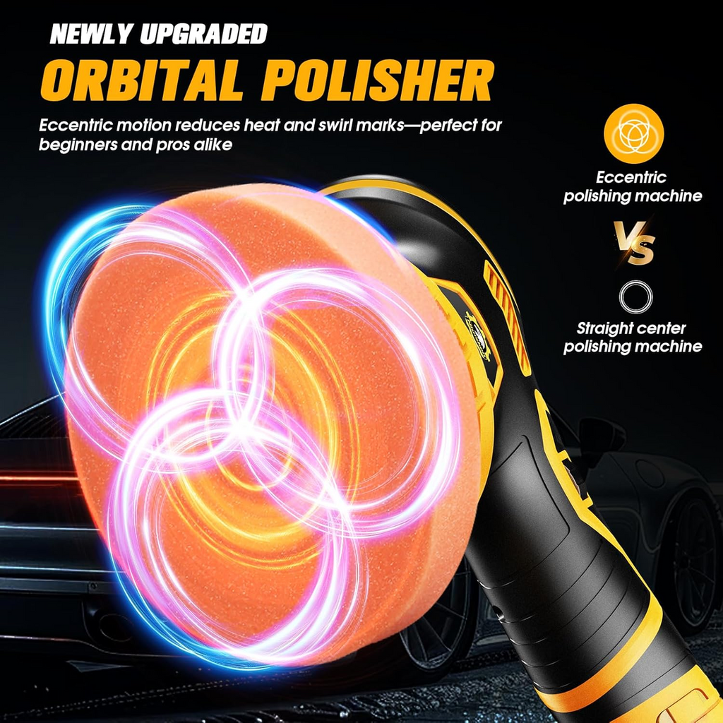 Orbital Car Paint Polisher with Rechargeable Battery and Variable Speed Control, Multiple Foam Pads