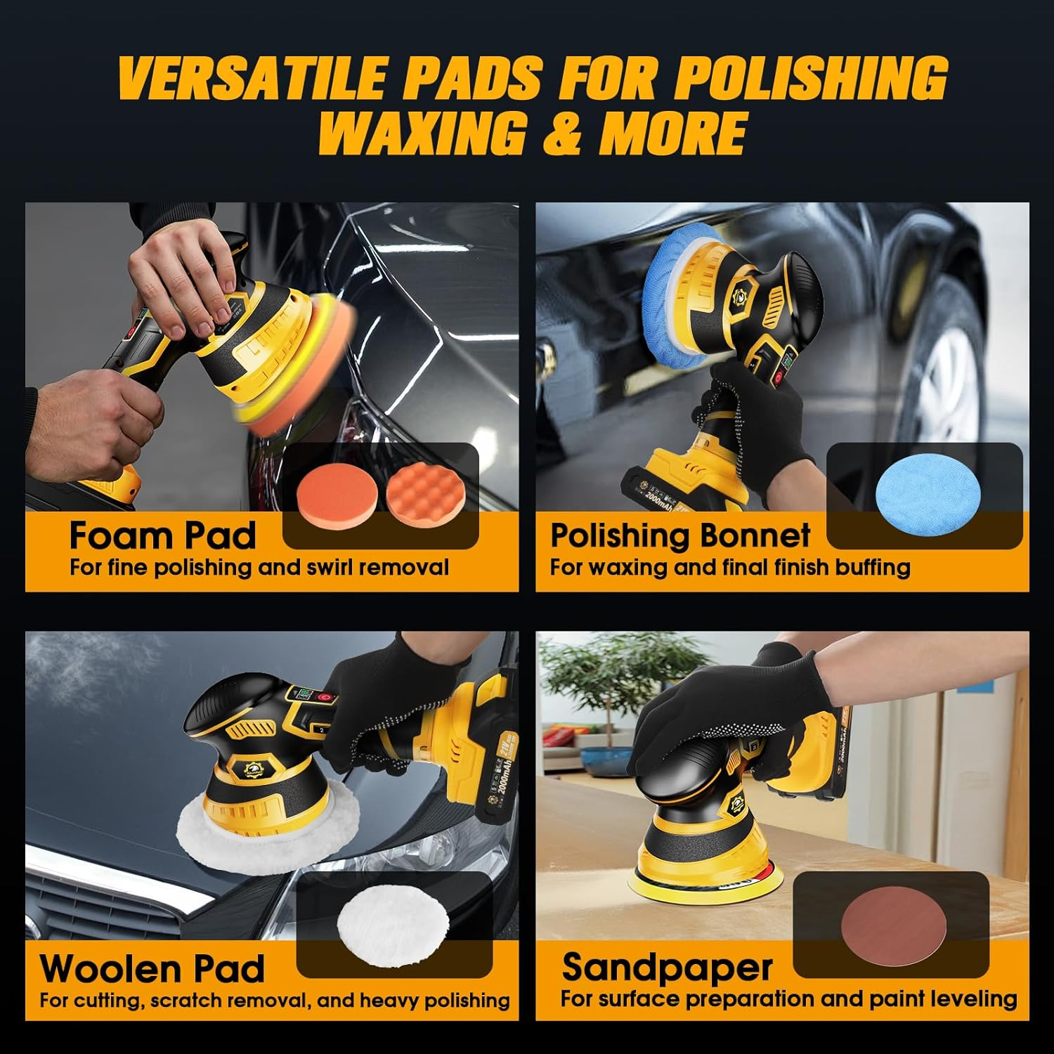 Orbital Car Paint Polisher with Rechargeable Battery and Variable Speed Control, Multiple Foam Pads