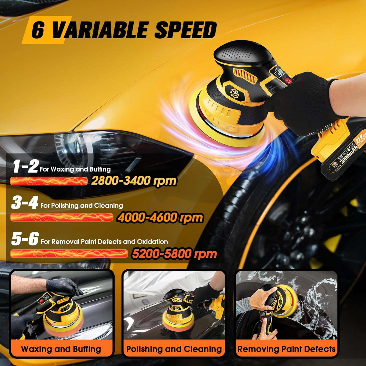Orbital Car Paint Polisher with Rechargeable Battery and Variable Speed Control, Multiple Foam Pads