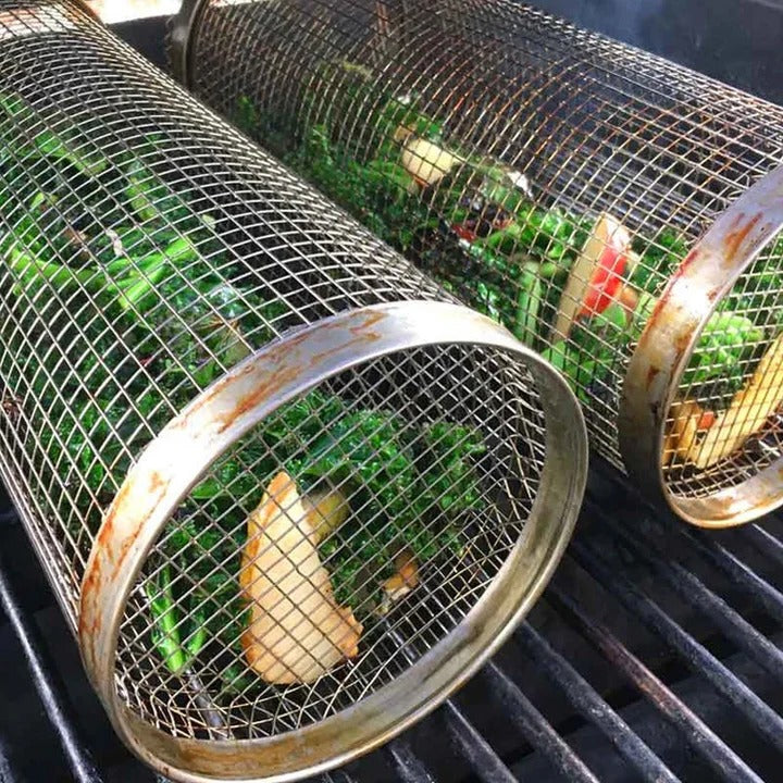 Stainless Steel Rolling Grill Basket with 360 Degree Rotation