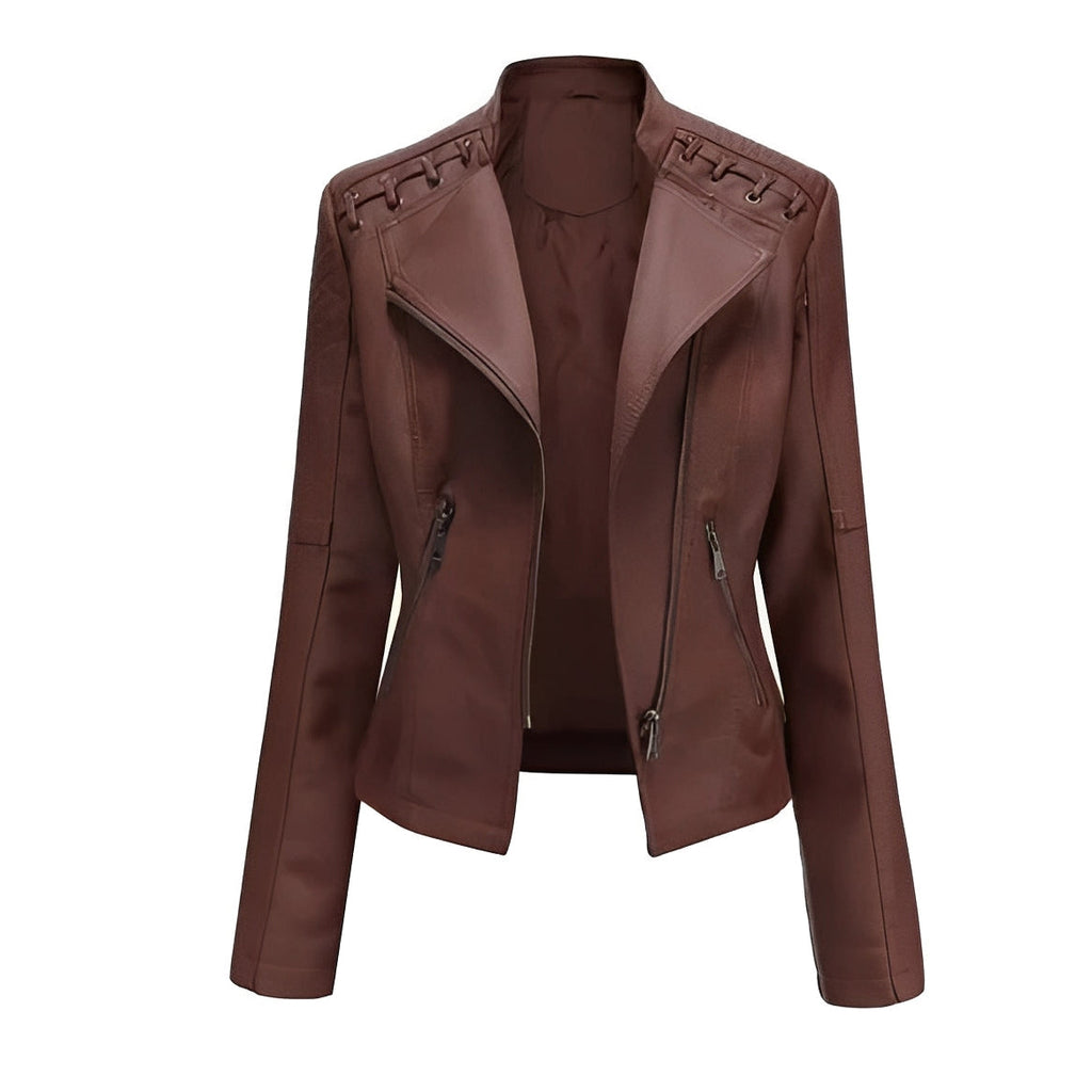 Womens Leather Jacket with Front Zipper