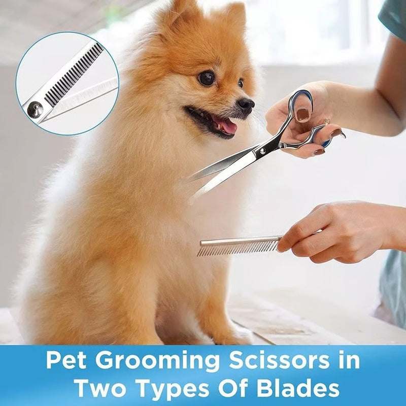 Dog Grooming Scissors Kit with 7 Inch Steel Blades and Rounded Safety Tips and Ergonomic Handles