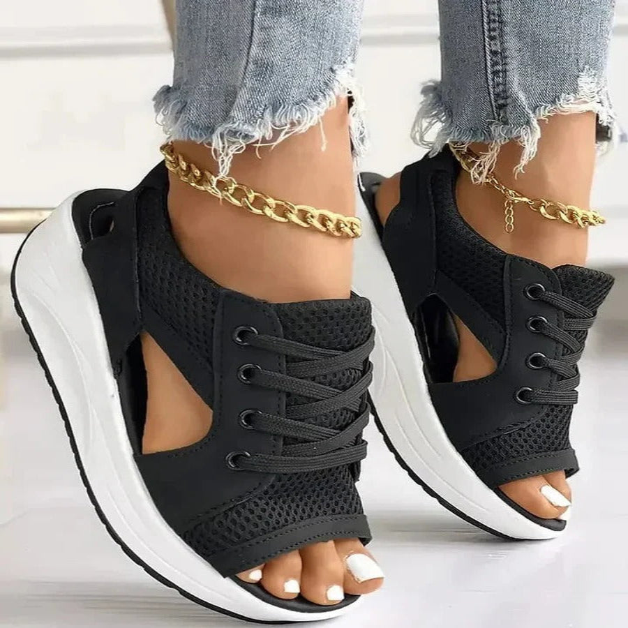 Lace Up Platform Sandals with Memory Foam Footbed and Cutout Style