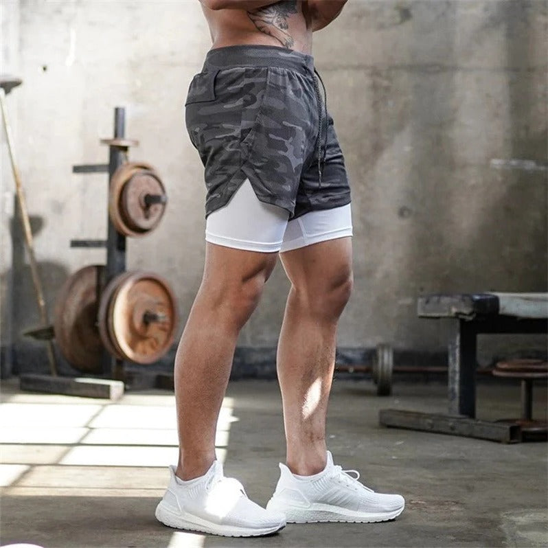 2 in 1 Camo Athletic Shorts with Inner Compression Layer for Men