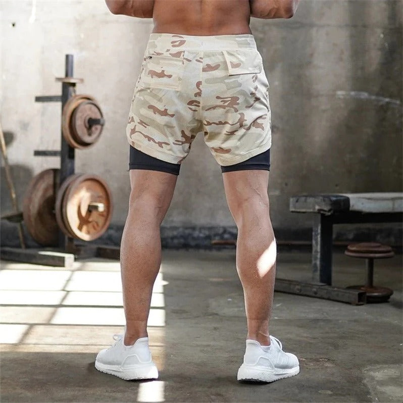 2 in 1 Camo Athletic Shorts with Inner Compression Layer for Men