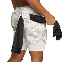 2 in 1 Camo Athletic Shorts with Inner Compression Layer for Men