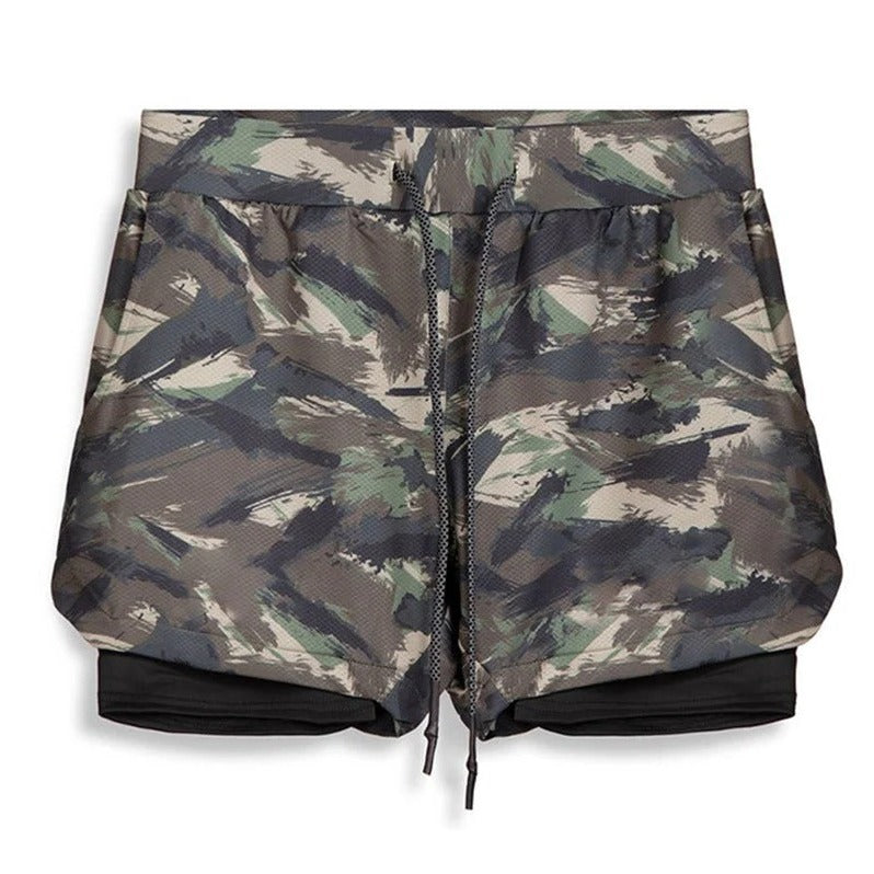 2 in 1 Camo Athletic Shorts with Inner Compression Layer for Men