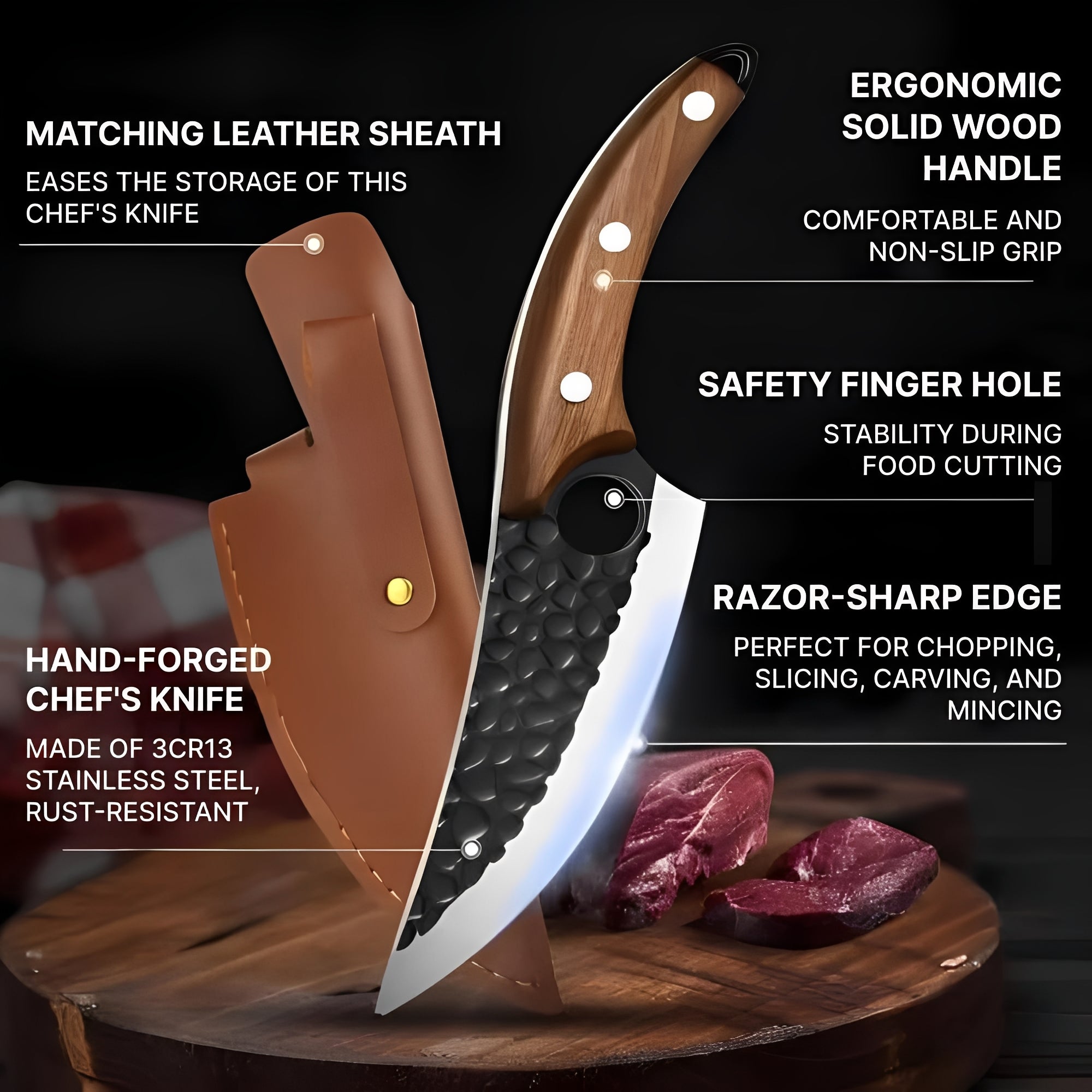 Steel Blade Kitchen Knife with Ergonomic Wooden Handle