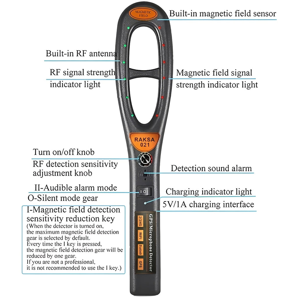 Portable RF Bug Detector with Sound, Light, and Vibration Alerts