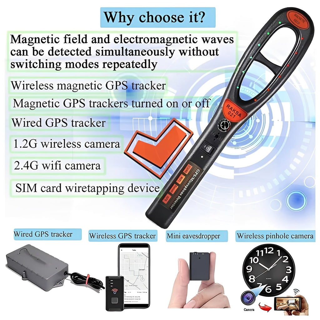 Portable RF Bug Detector with Sound, Light, and Vibration Alerts