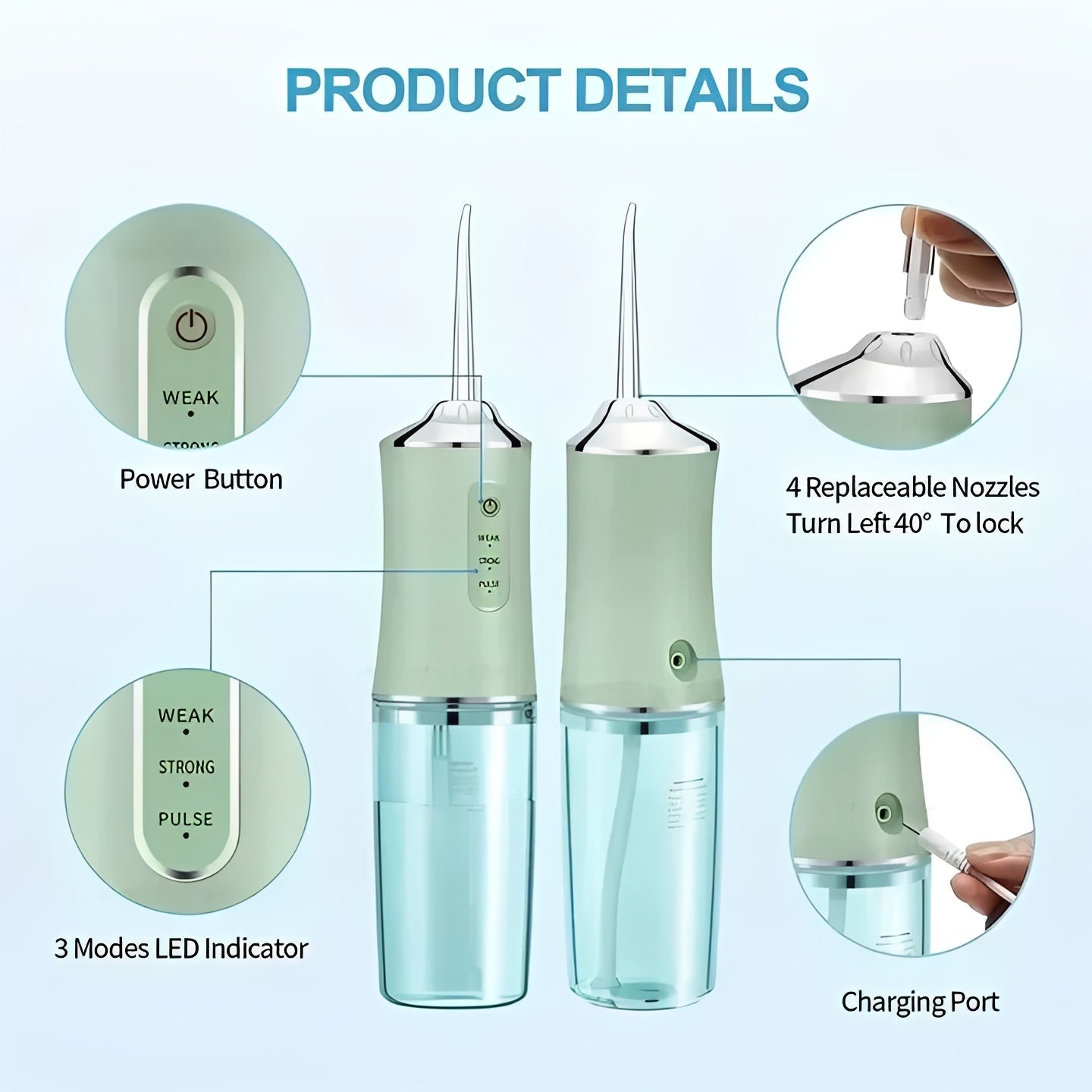 Portable Water Flosser with Removable Tank and 4 Nozzles