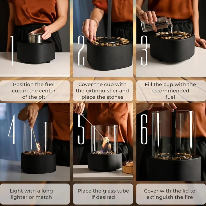 Portable Glass Cylinder Fireplace with Snuffer Tool