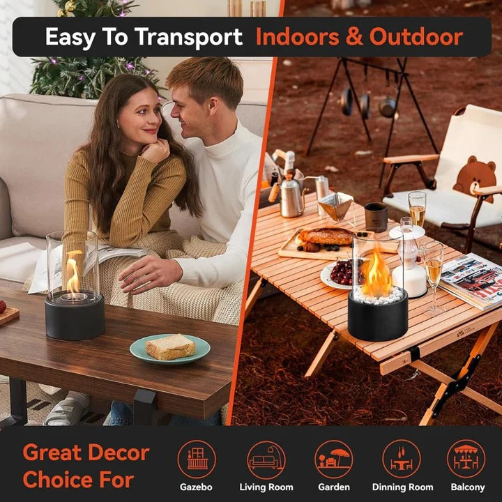 Portable Glass Cylinder Fireplace with Snuffer Tool