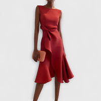 Asymmetric Draped Midi Dress with Layered Hem Design