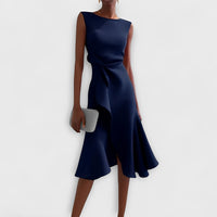 Asymmetric Draped Midi Dress with Layered Hem Design
