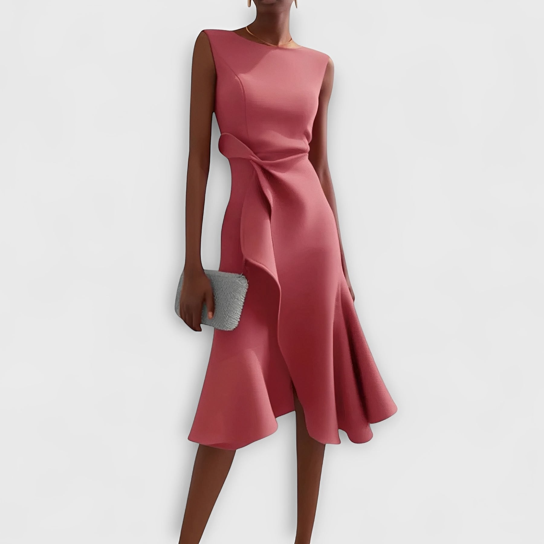 Asymmetric Draped Midi Dress with Layered Hem Design