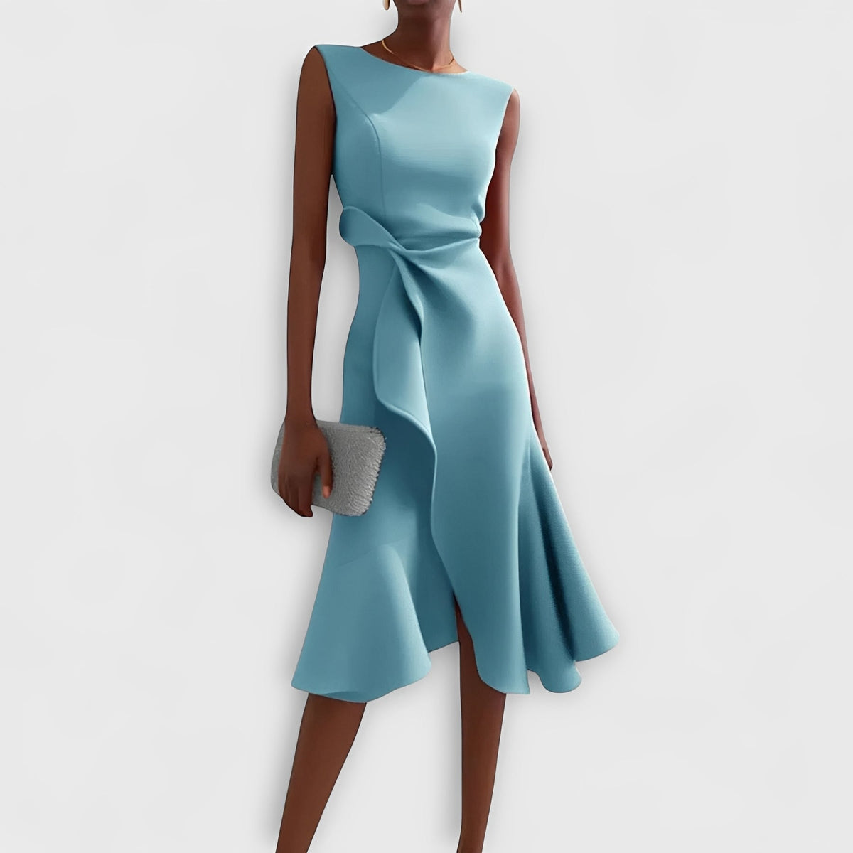 Asymmetric Draped Midi Dress with Layered Hem Design