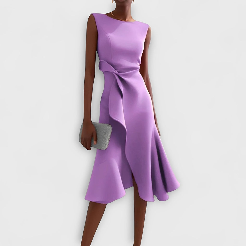 Asymmetric Draped Midi Dress with Layered Hem Design