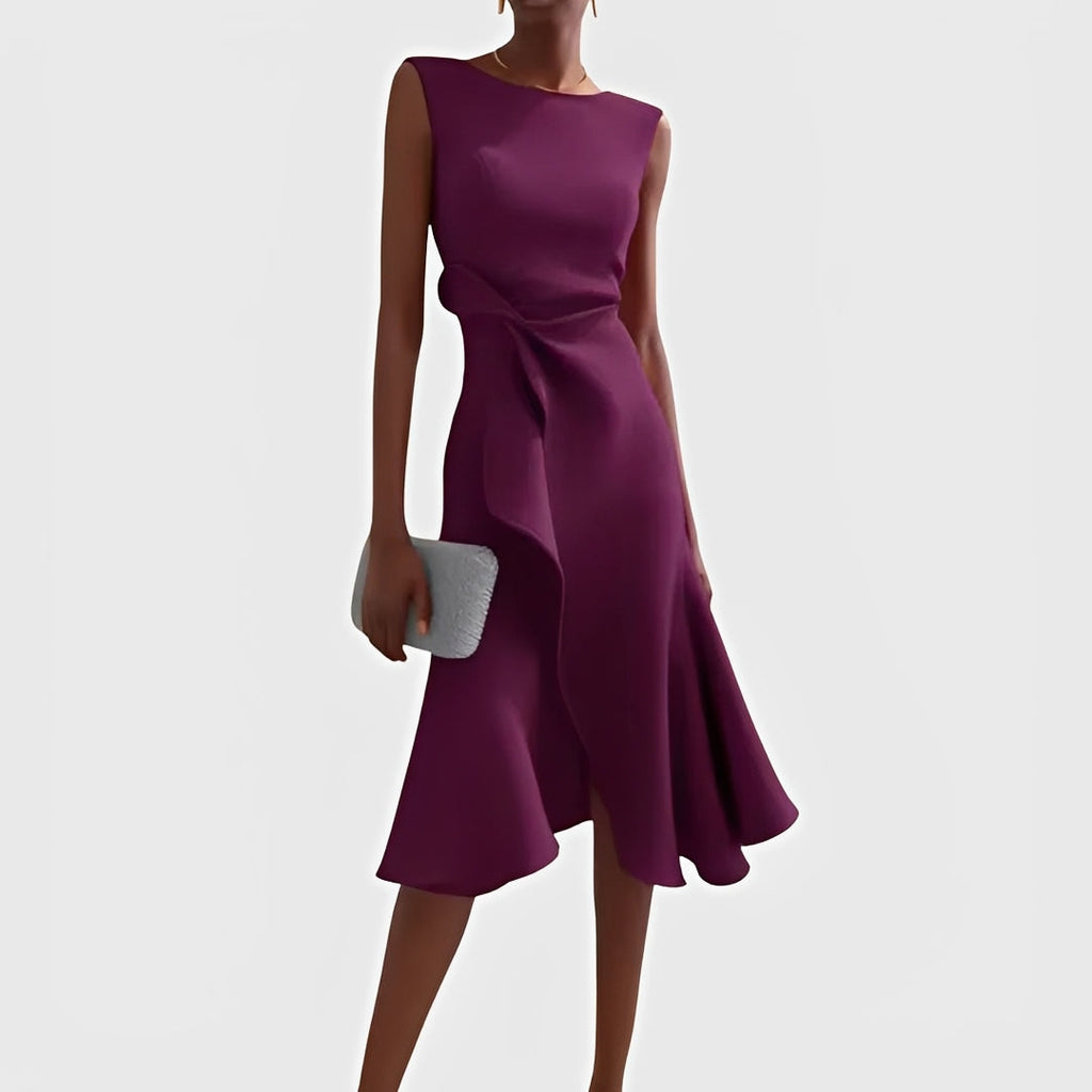 Asymmetric Draped Midi Dress with Layered Hem Design