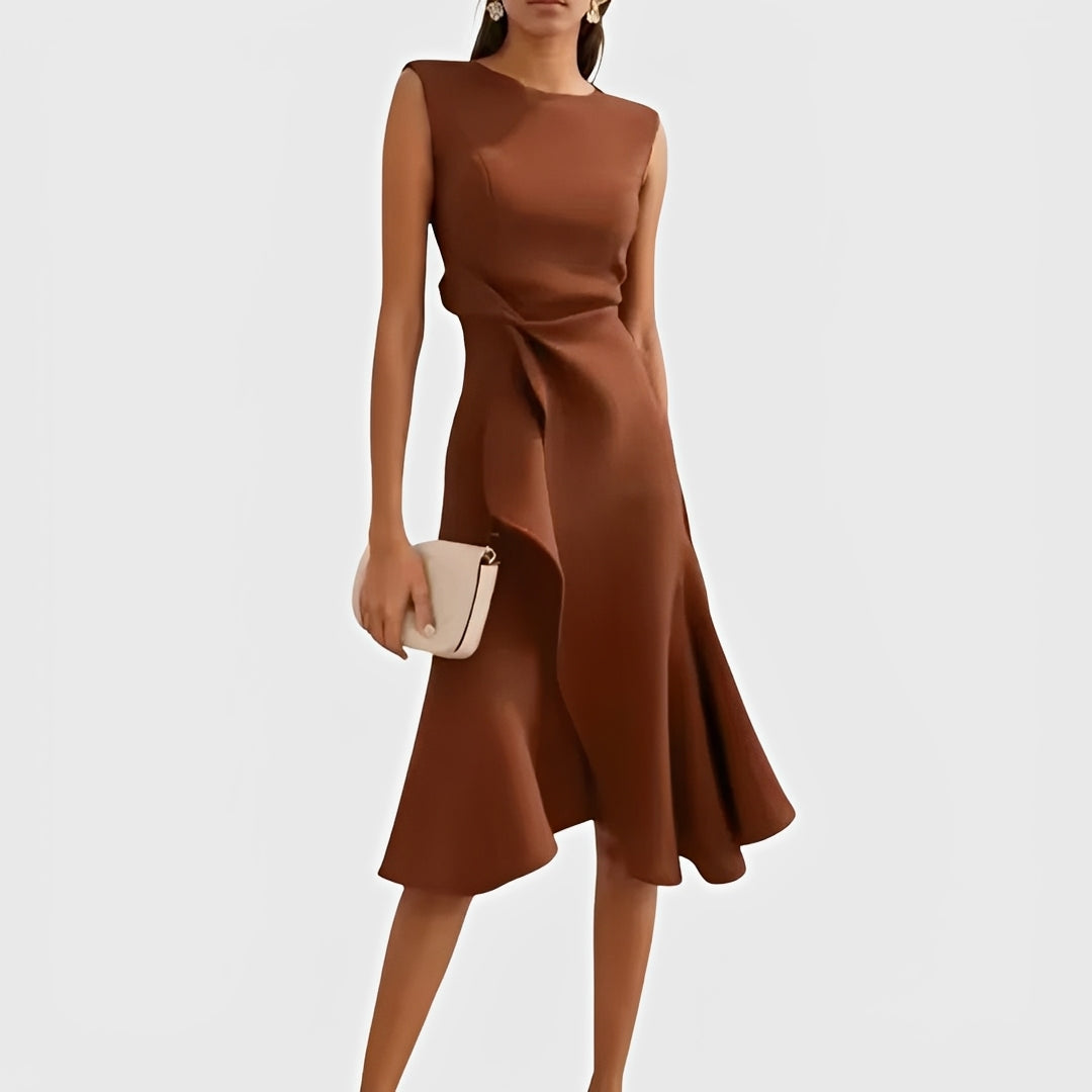 Asymmetric Draped Midi Dress with Layered Hem Design