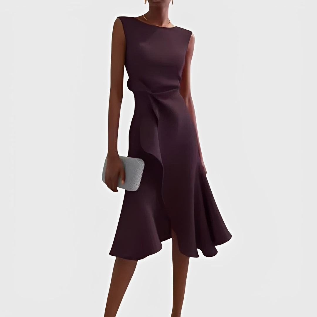Asymmetric Draped Midi Dress with Layered Hem Design