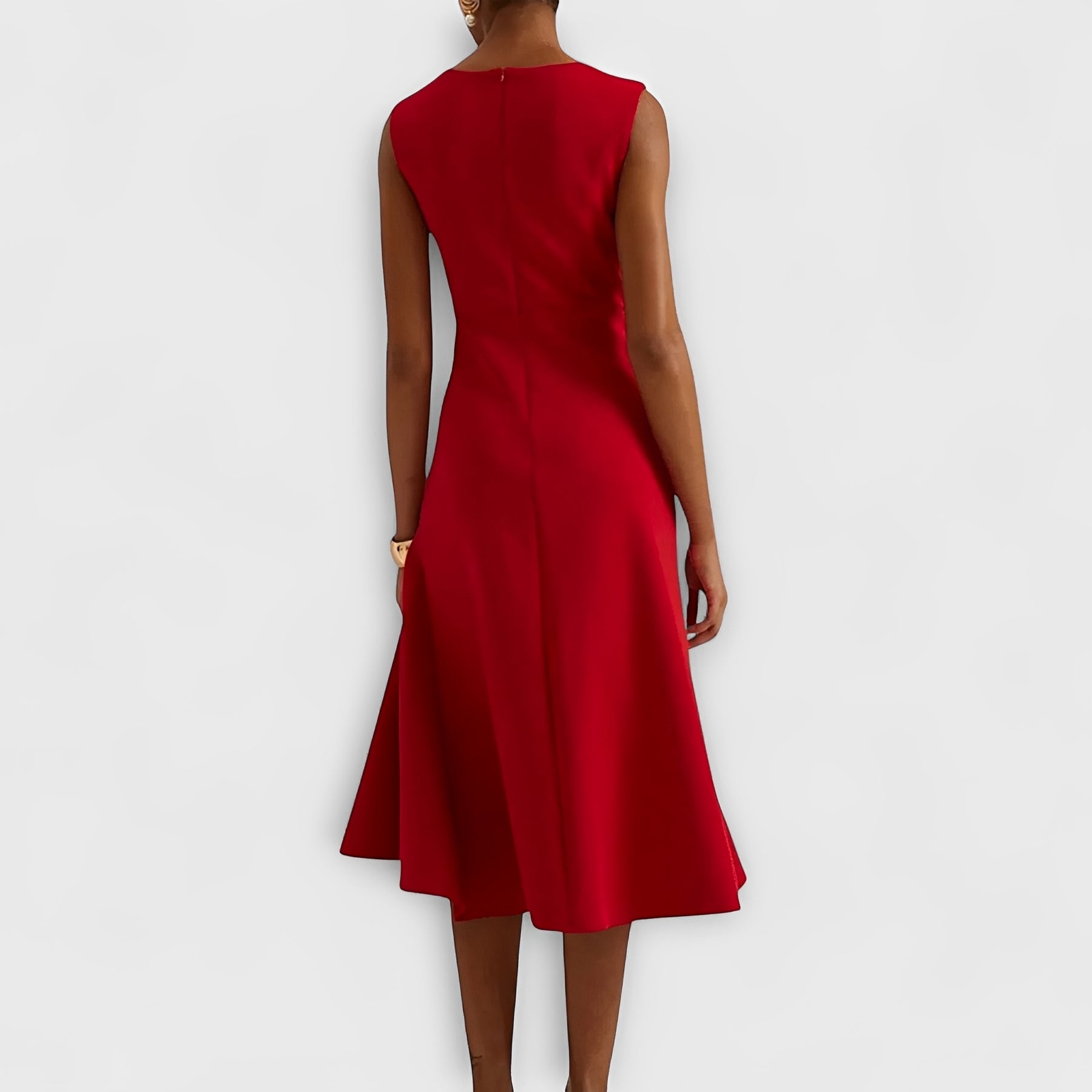 Asymmetric Draped Midi Dress with Layered Hem Design