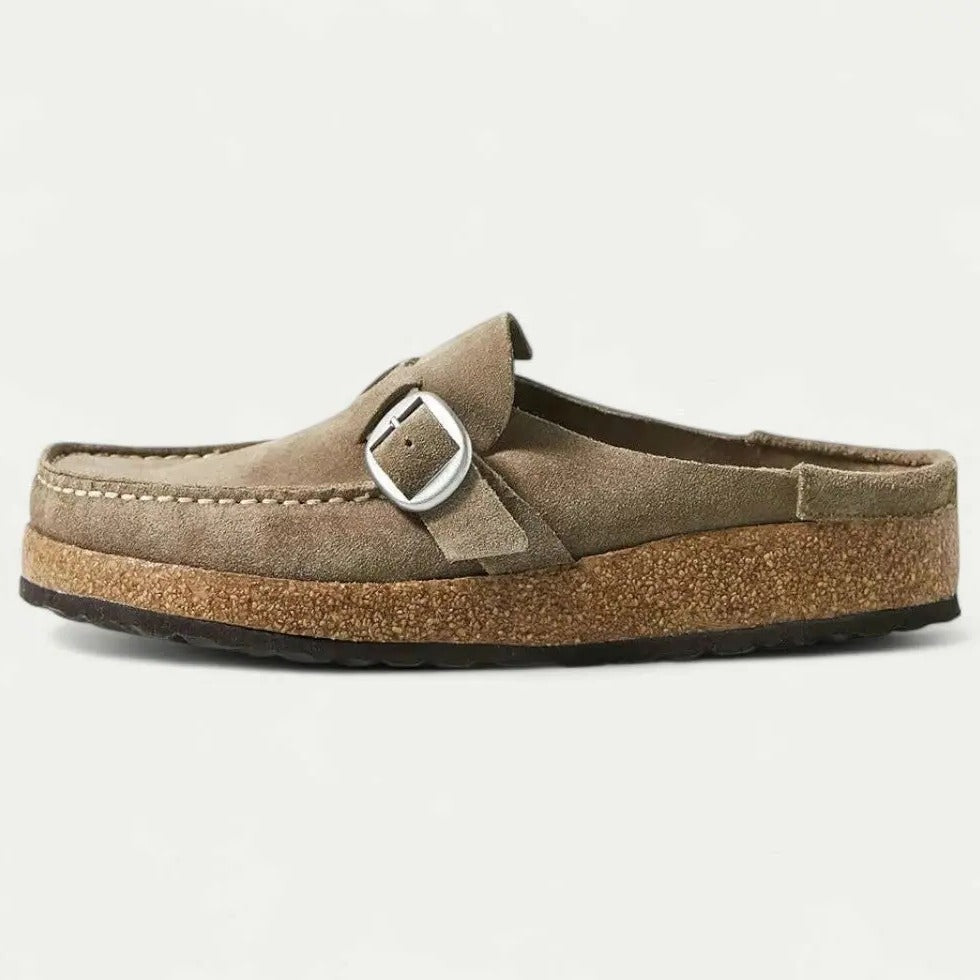 Womens Suede Slip-On Mules with Adjustable Buckle Strap Detail
