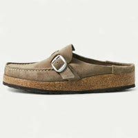 Womens Suede Slip-On Mules with Adjustable Buckle Strap Detail