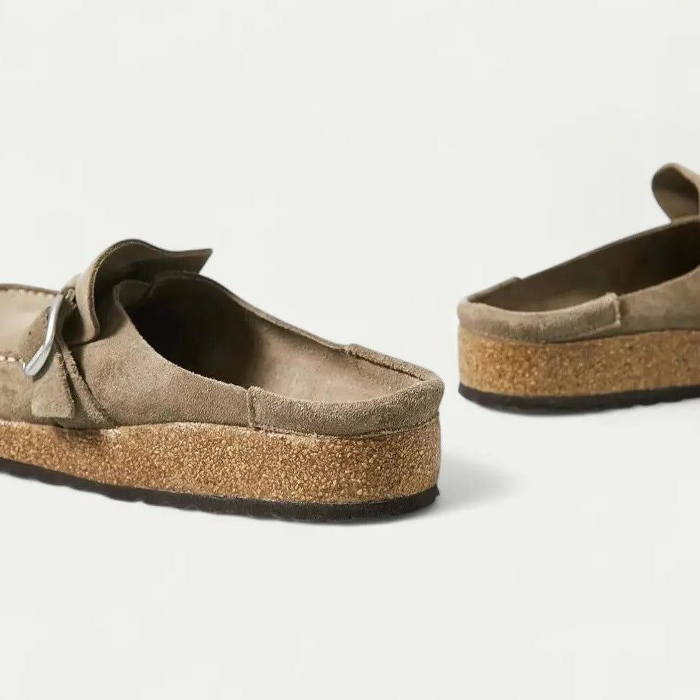 Womens Suede Slip-On Mules with Adjustable Buckle Strap Detail