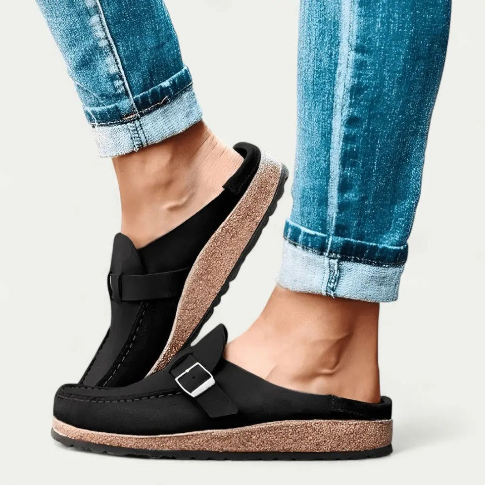 Womens Suede Slip-On Mules with Adjustable Buckle Strap Detail