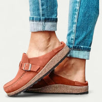 Womens Suede Slip-On Mules with Adjustable Buckle Strap Detail