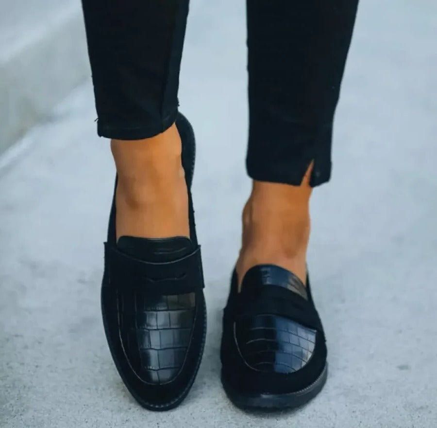 Womens Black Faux Leather Penny Loafers, Slip-On