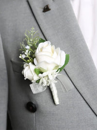 Artificial White Rose Wrist Corsage and Boutonniere Set for Weddings and Formal Events