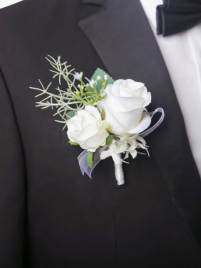 Artificial White Rose Wrist Corsage and Boutonniere Set for Weddings and Formal Events