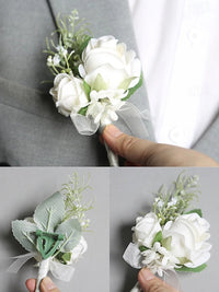 Artificial White Rose Wrist Corsage and Boutonniere Set for Weddings and Formal Events