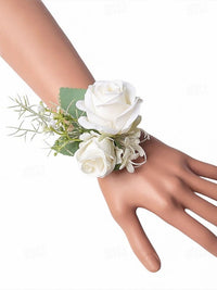 Artificial White Rose Wrist Corsage and Boutonniere Set for Weddings and Formal Events