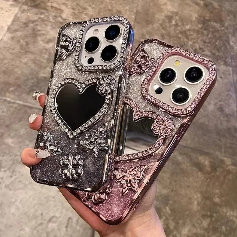 Sparkling Diamond Butterfly Design Reflective Phone Cover for iPhone