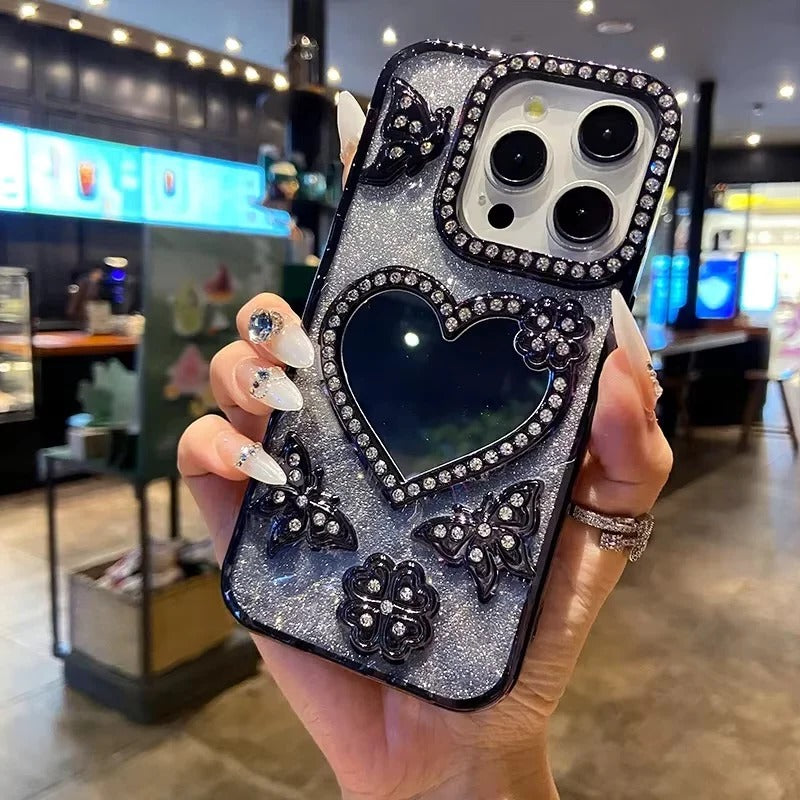 Sparkling Diamond Butterfly Design Reflective Phone Cover for iPhone