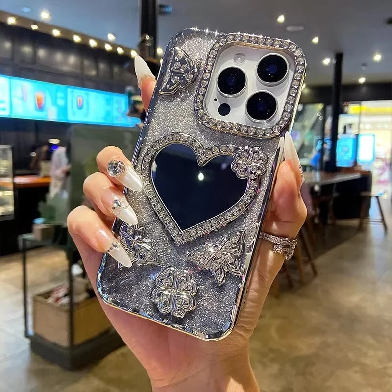 Sparkling Diamond Butterfly Design Reflective Phone Cover for iPhone