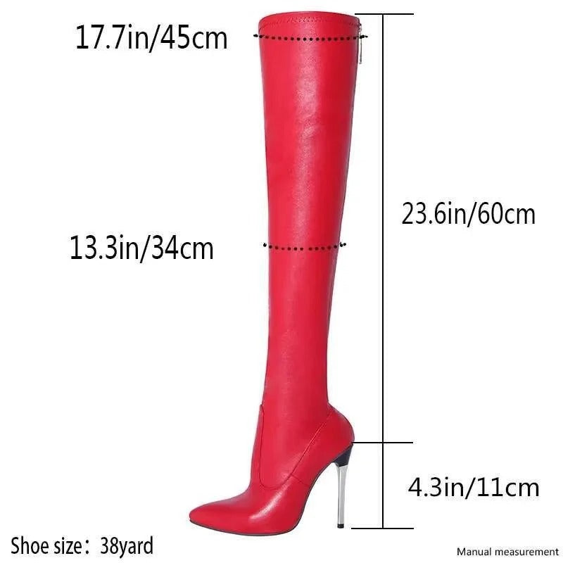 Over the Knee Red Boots with 4.3 Inch Stiletto Heel and Back Zip