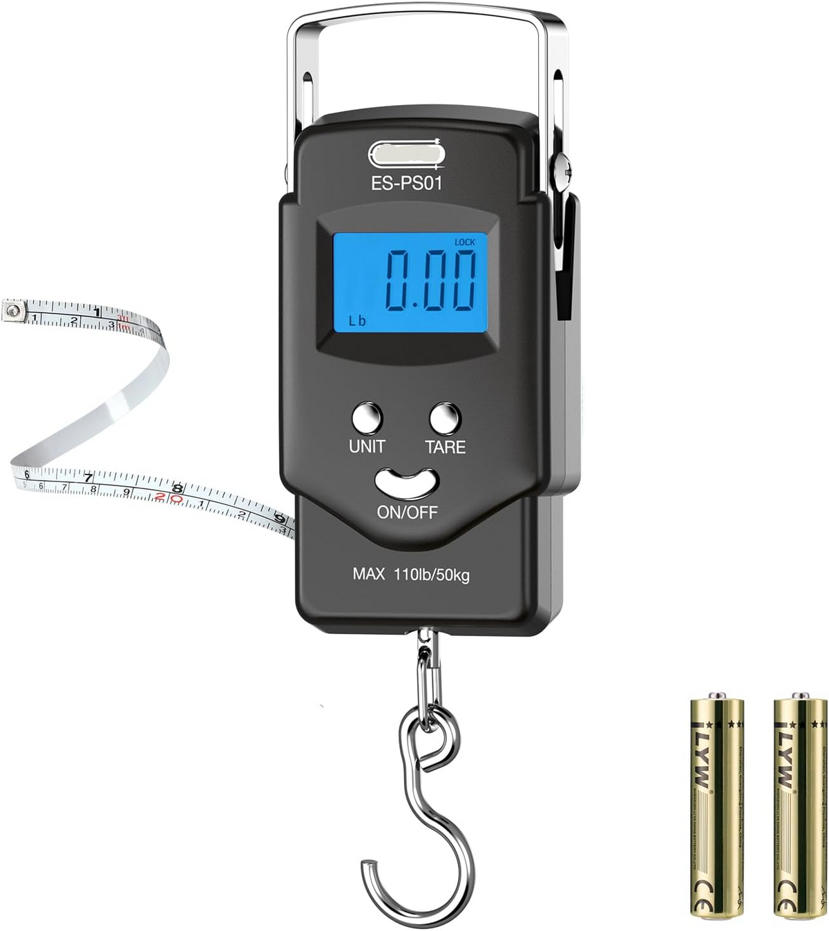 Portable Hanging Scale with Built-in Tape Measure and Blue Backlit Display, 110lb Capacity