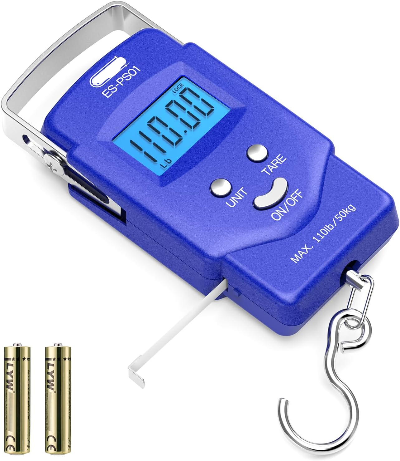 Portable Hanging Scale with Built-in Tape Measure and Blue Backlit Display, 110lb Capacity