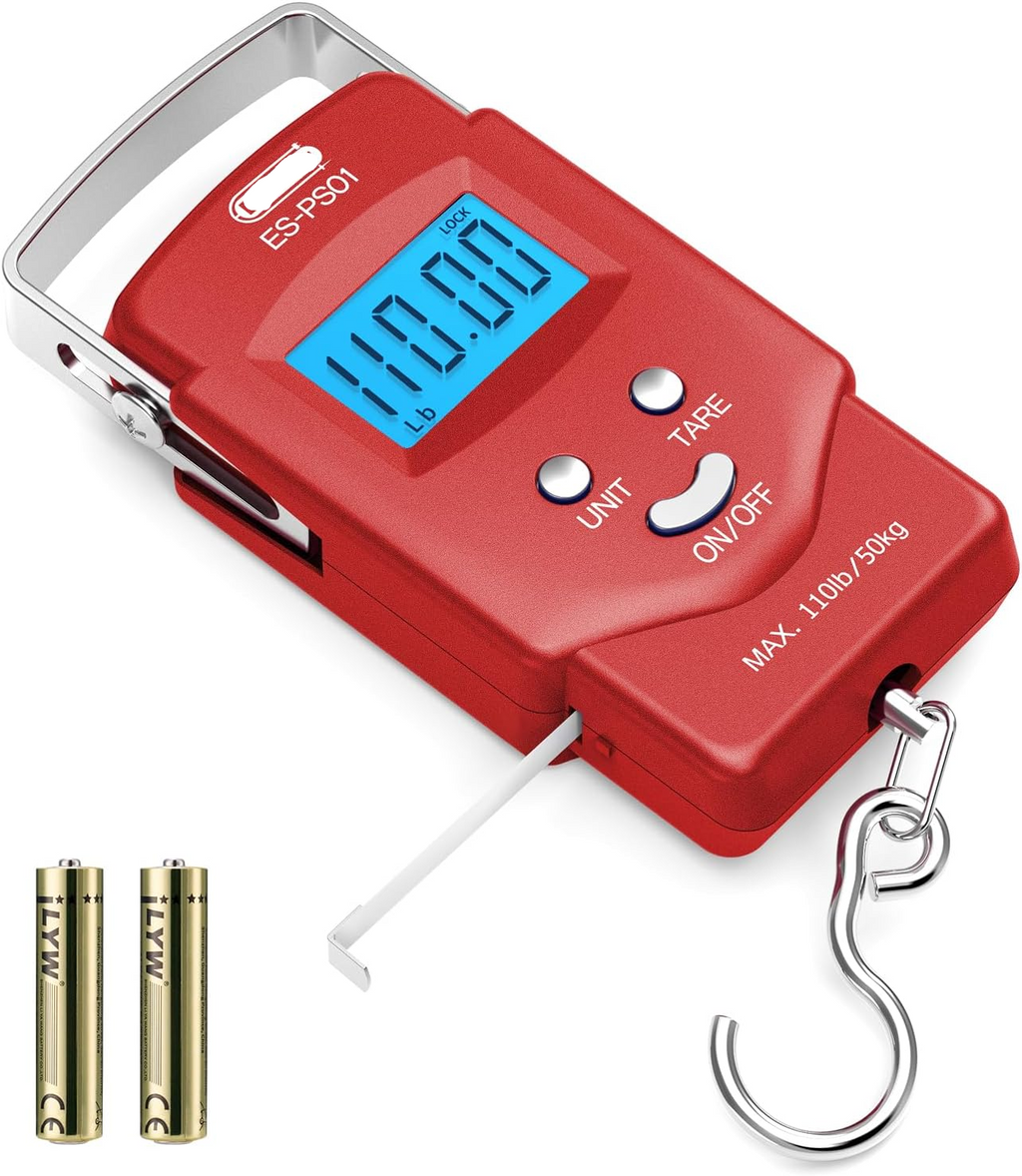 Portable Hanging Scale with Built-in Tape Measure and Blue Backlit Display, 110lb Capacity