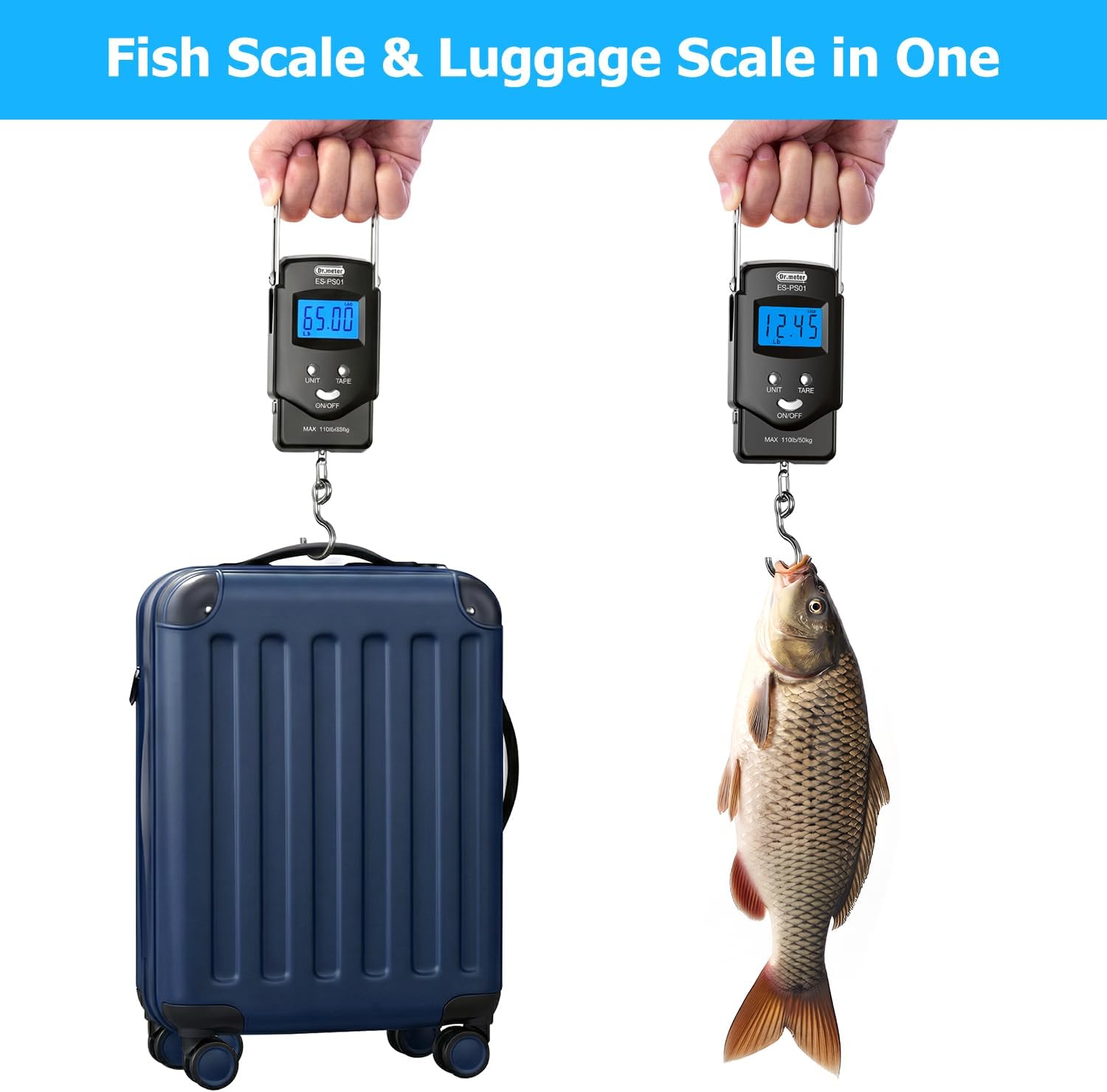 Portable Hanging Scale with Built-in Tape Measure and Blue Backlit Display, 110lb Capacity