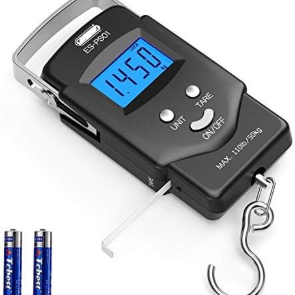 Portable Hanging Scale with Built-in Tape Measure and Blue Backlit Display, 110lb Capacity